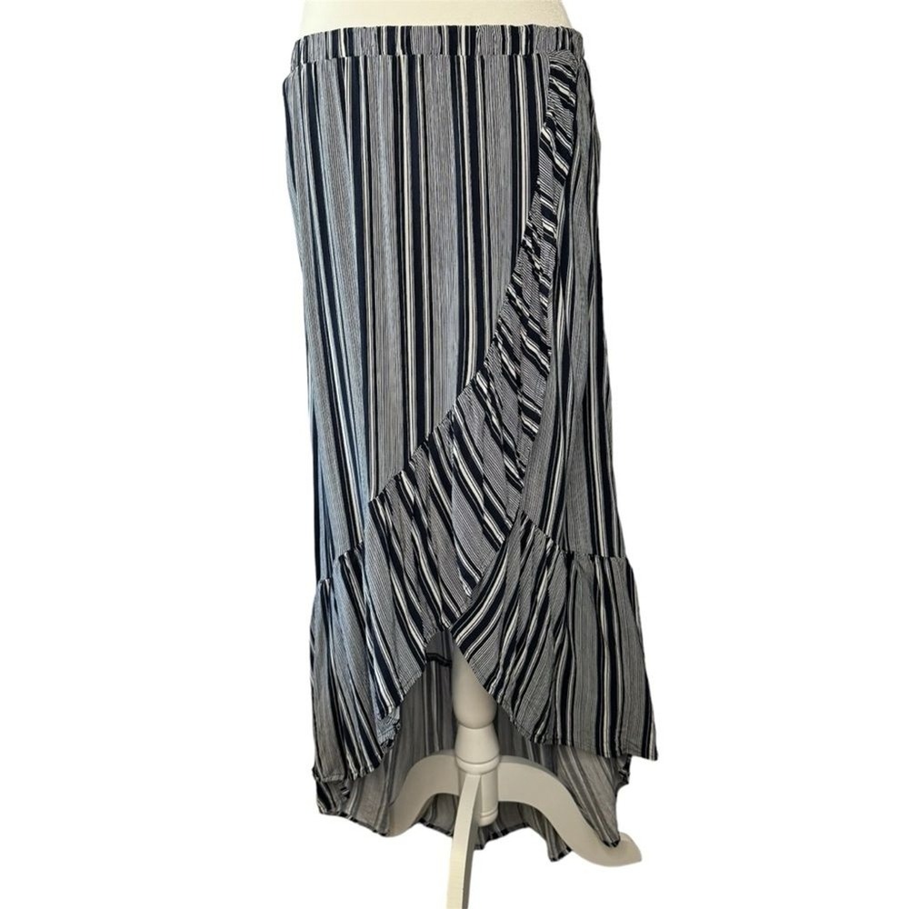 No Boundaries Women XL Navy Blue Striped Hi Low Ruffle Maxi Skirt Coastal Summer
